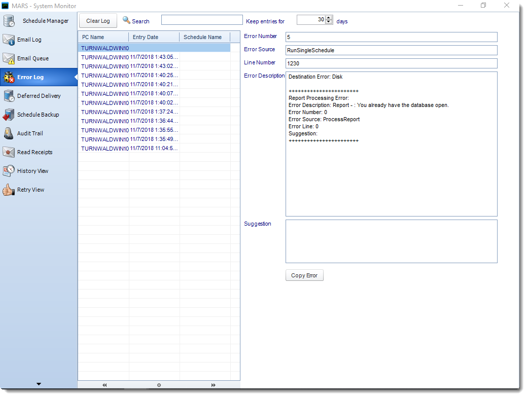 MS Access: Error Log in System Monitor in MARS.