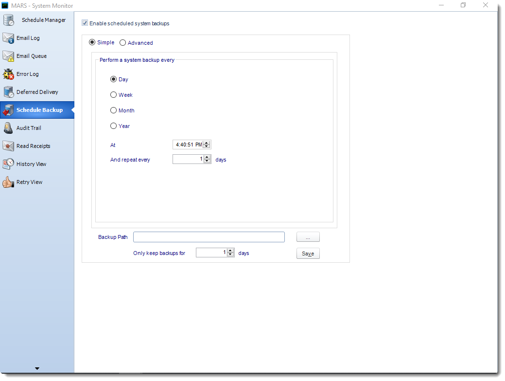 MS Access: Schedule Backup in System Monitor in MARS.