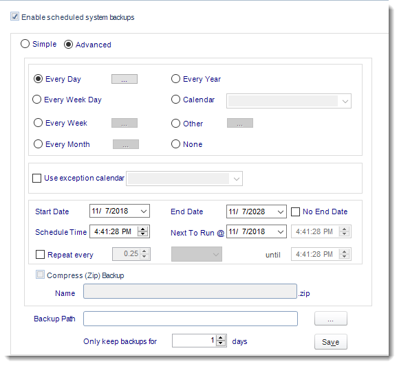 MS Access: Schedule Backup in System Monitor in MARS.
