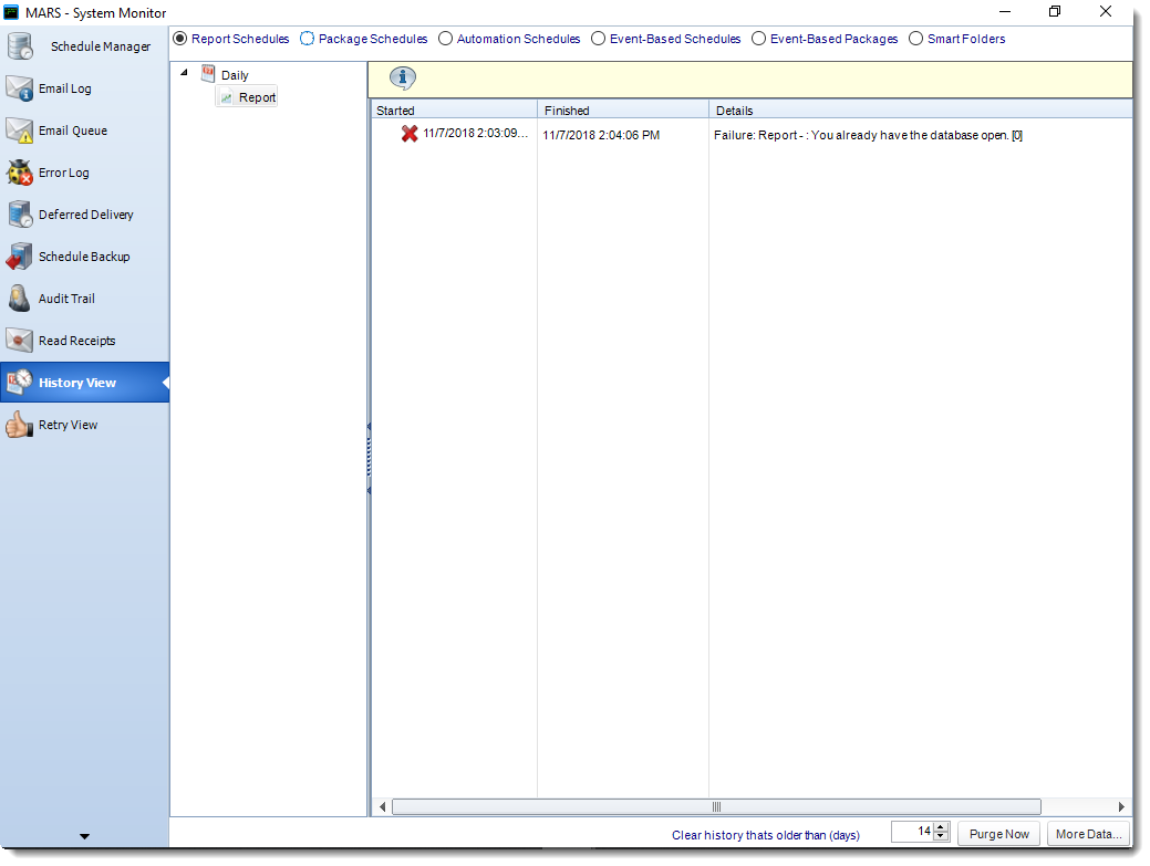 MS Access: History View in System Monitor in MARS.