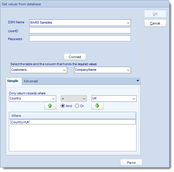 MS Access: Get values from database interface in MARS.