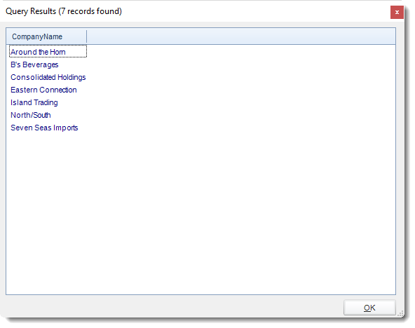 MS Access: Query results from Get values from database interface in MARS.
