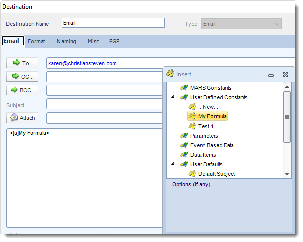 MS Access: Email Destinations in MARS.