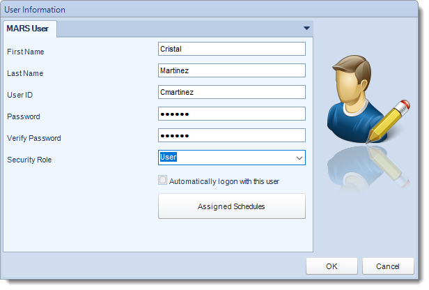 MS Access: User Information in User Manager in MARS.