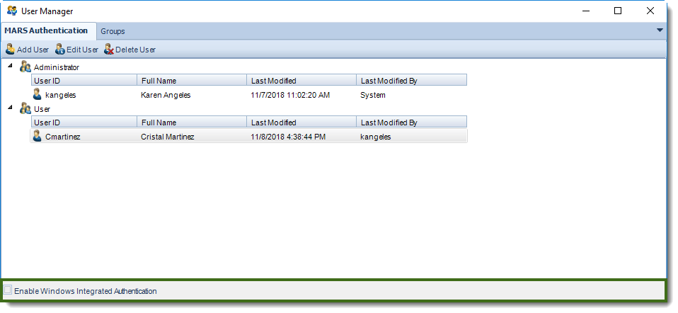 MS Access: User Manager in MARS.