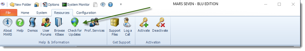 MS Access: MARS Resources Menu.