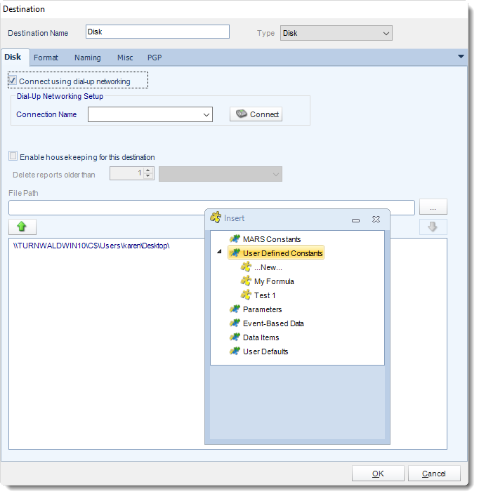 MS Access: Disk Destination in MARS.