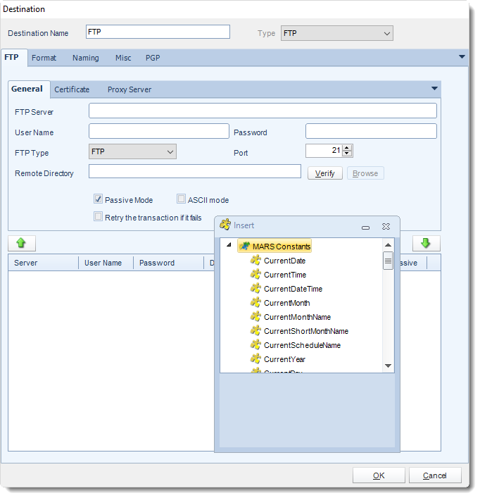 MS Access: FTP Destination in MARS.