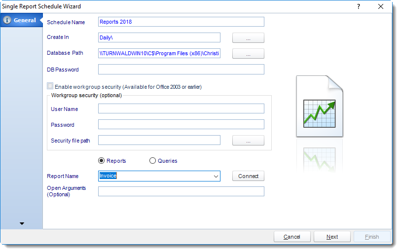 MS Access: General Wizard in Single Report Schedule in MARS.