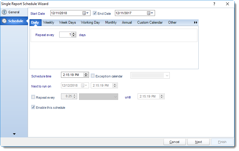 MS Access: Schedule Wizard in Single Report Schedule in MARS.