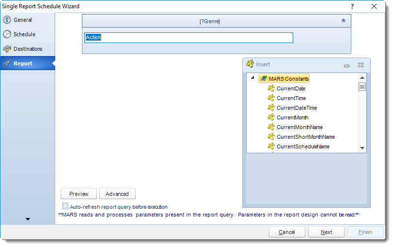 MS Access: Report Wizard in Single Report Schedule in MARS.