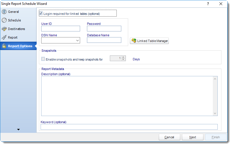 MS Access: Report Options Wizard in Single Report Schedule in MARS.