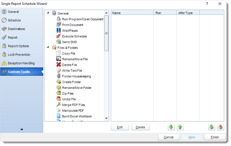 MS Access: Custom Tasks Wizard in Single Report Schedule in MARS.