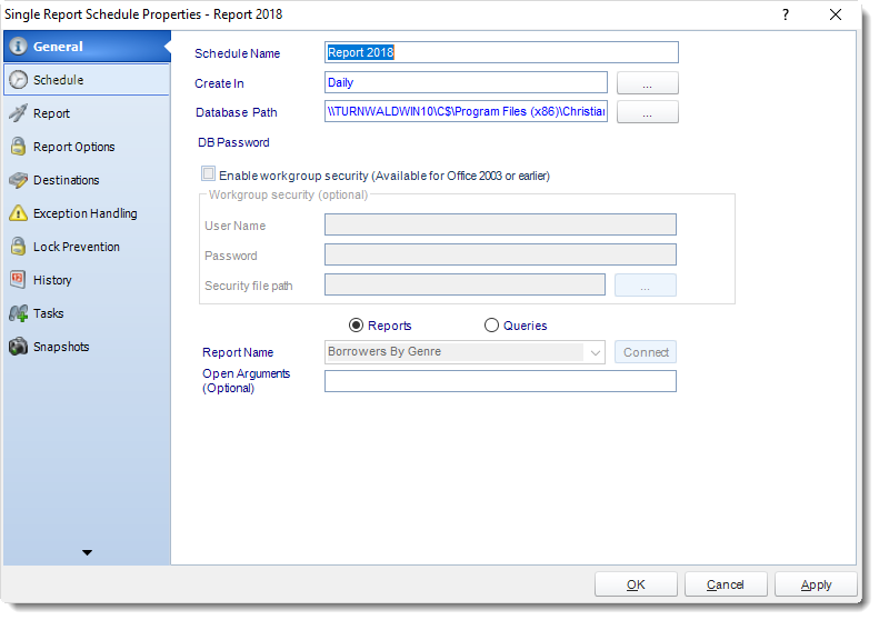 MS Access: Single Report Schedule Properties in MARS.