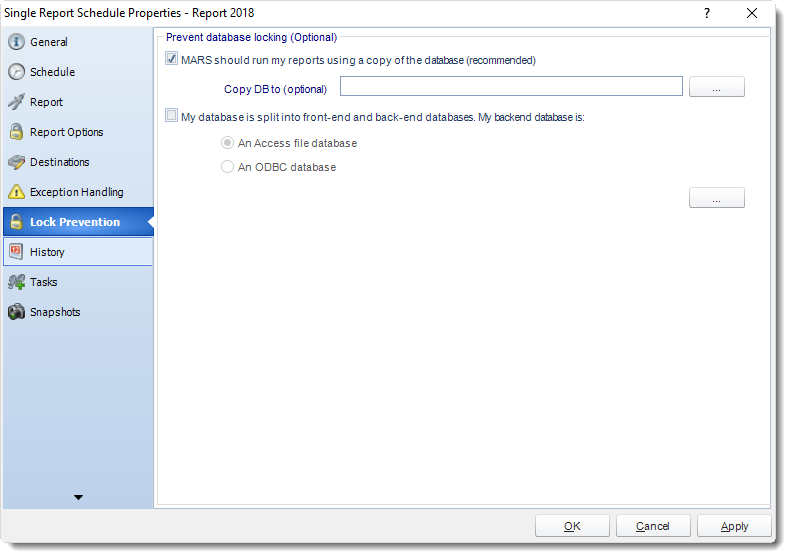 MS Access: Single Report Schedule Properties in MARS.
