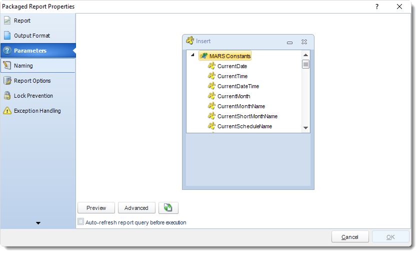 MS Access: Package Report Properties in MARS.