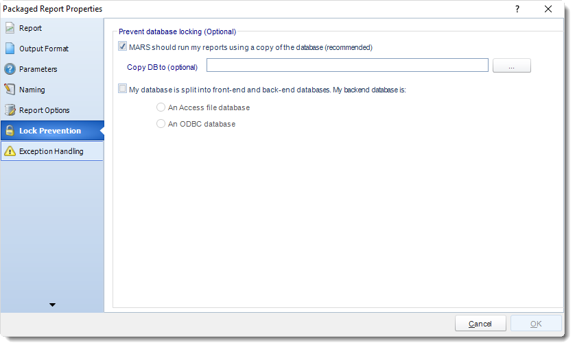 MS Access: Package Report Properties in MARS.