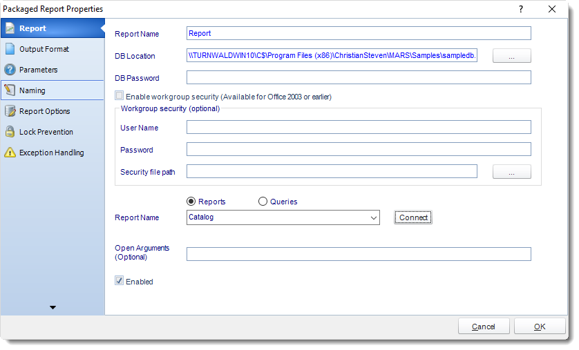 MS Access: Package Report Properties in MARS.