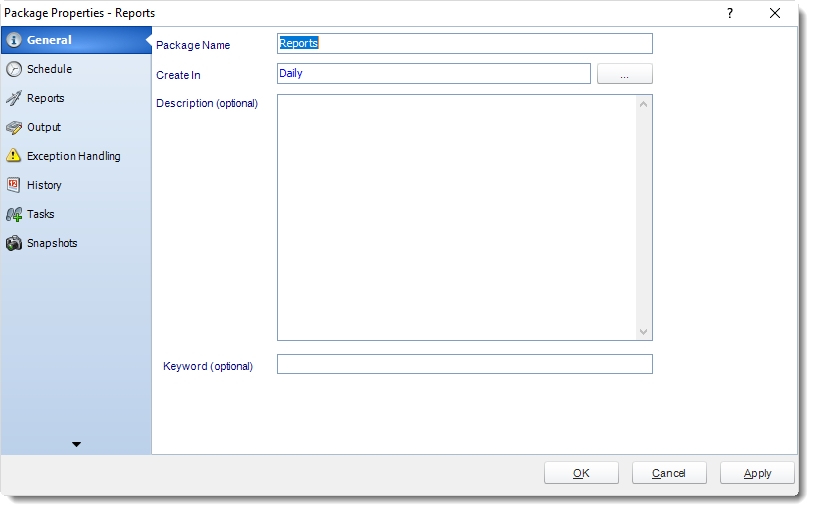MS Access: Package Schedule Report Properties in MARS.