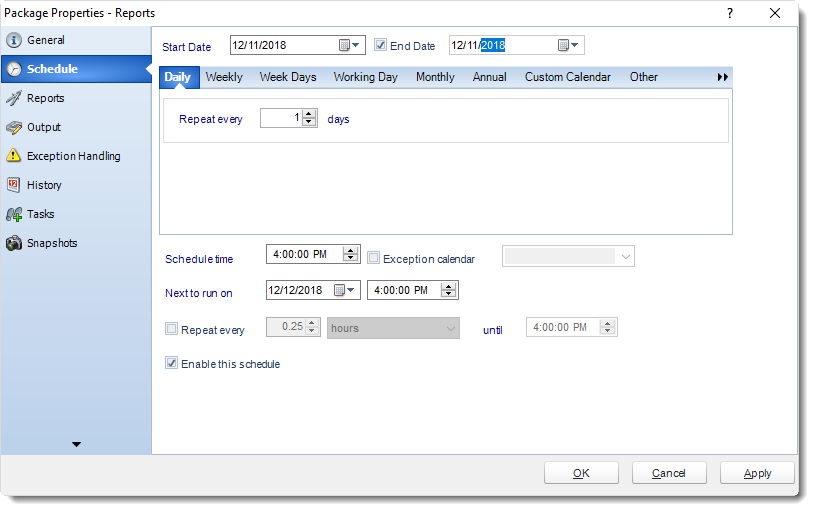 MS Access: Package Schedule Report Properties in MARS.