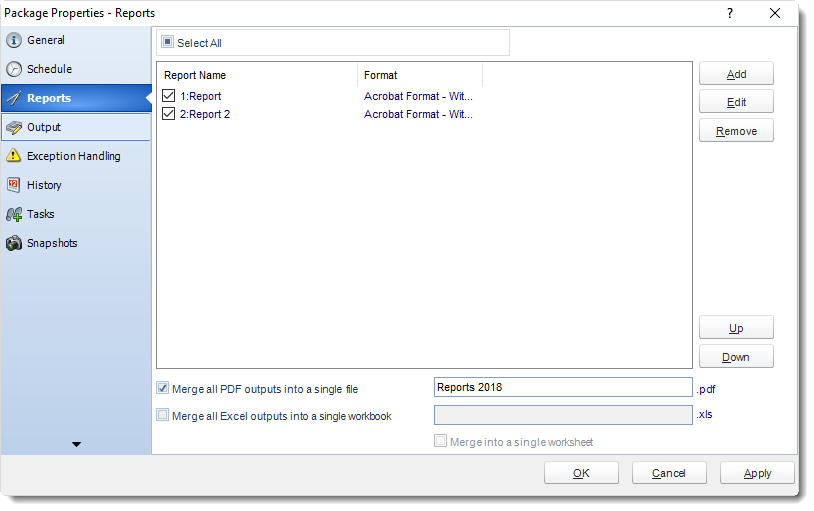 MS Access: Package Schedule Report Properties in MARS.