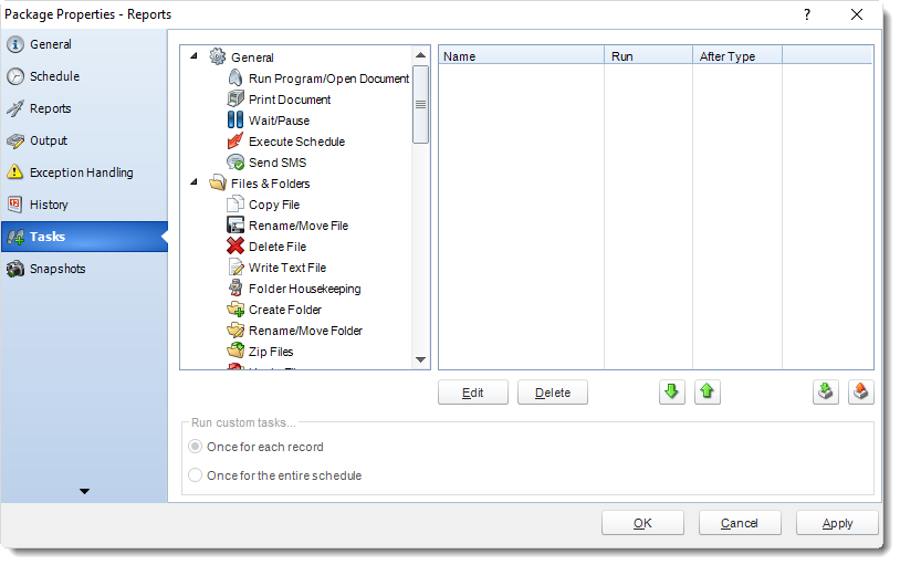 MS Access: Package Schedule Report Properties in MARS.