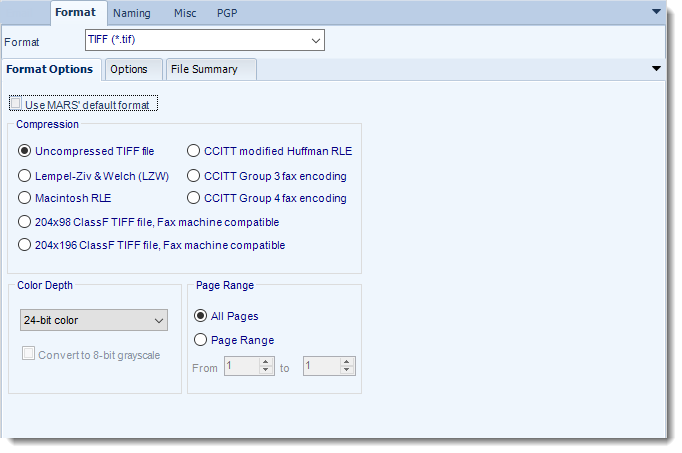 MS Access: TIFF output format options in MARS