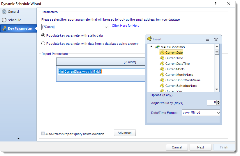 MS Access: Key Parameter Wizard in Dynamic Schedule in MARS.