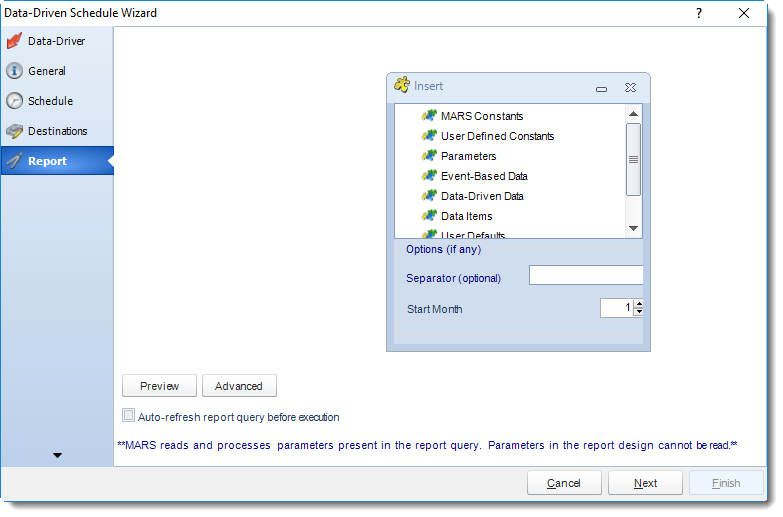 MS Access: Report Wizard in Data Driven Schedule in MARS.
