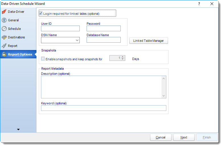 MS Access: Report Options Wizard in Data Driven Schedule in MARS.