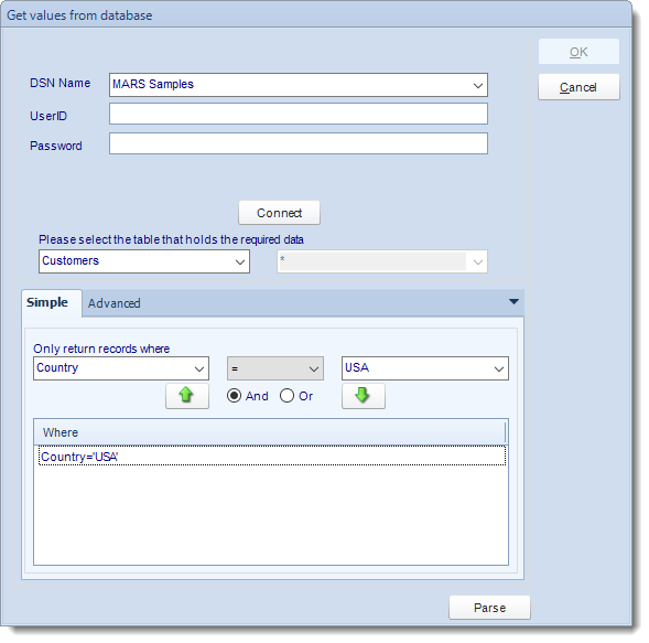 MS Access: Get values from database interface in MARS.
