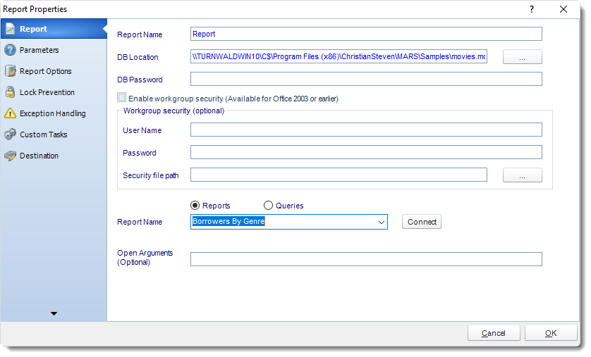 MS Access: Event Based Report Properties in MARS.