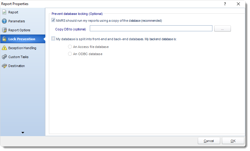 MS Access: Event Based Report Properties in MARS.