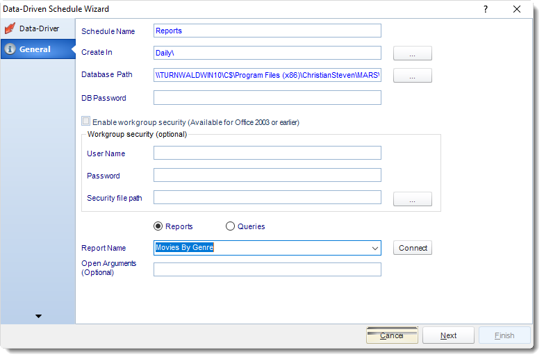MS Access: General Wizard in Data Driven Schedule in MARS.