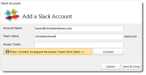 Crystal Reports: Add a Slack Account wizard in CRD.