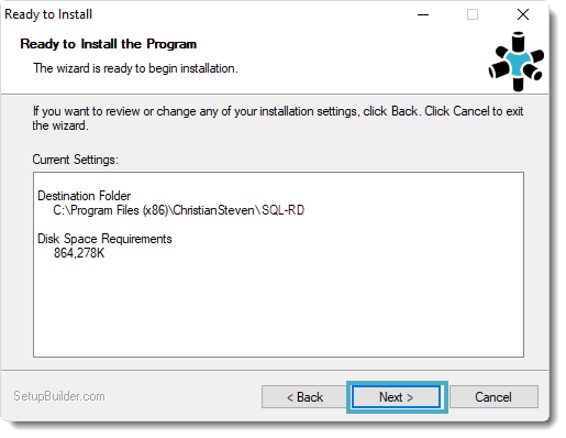 Welcome to the SQL-RD Setup Wizard: Ready to Install