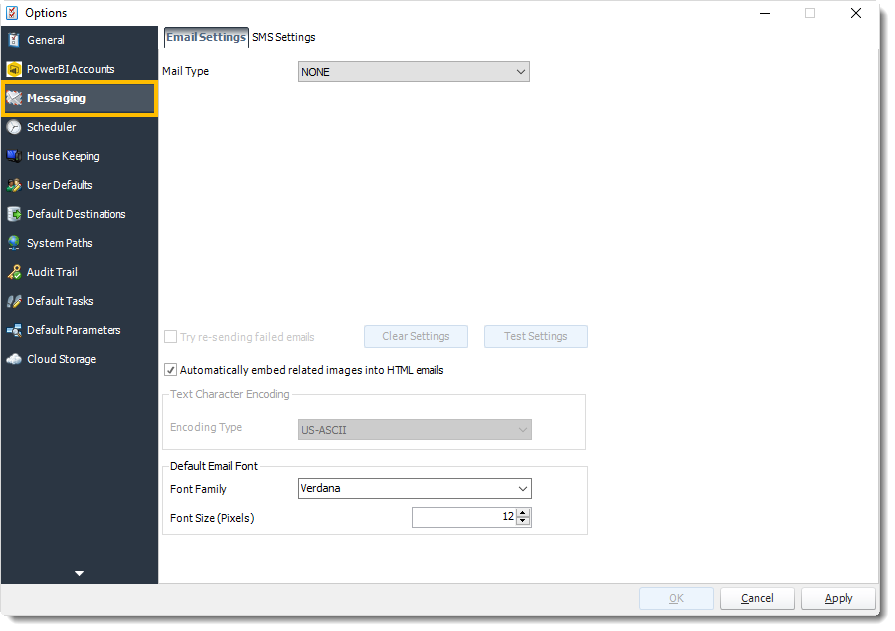 Power BI and SSRS.  Email Settings in Options in PBRS