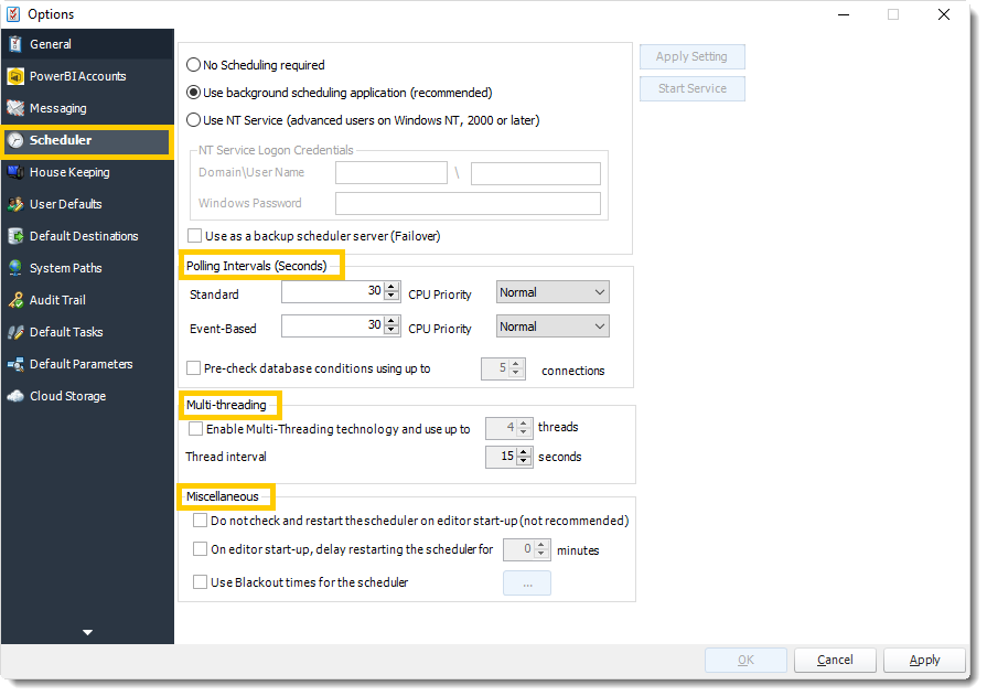 Power BI and SSRS. Scheduler section in Options in PBRS