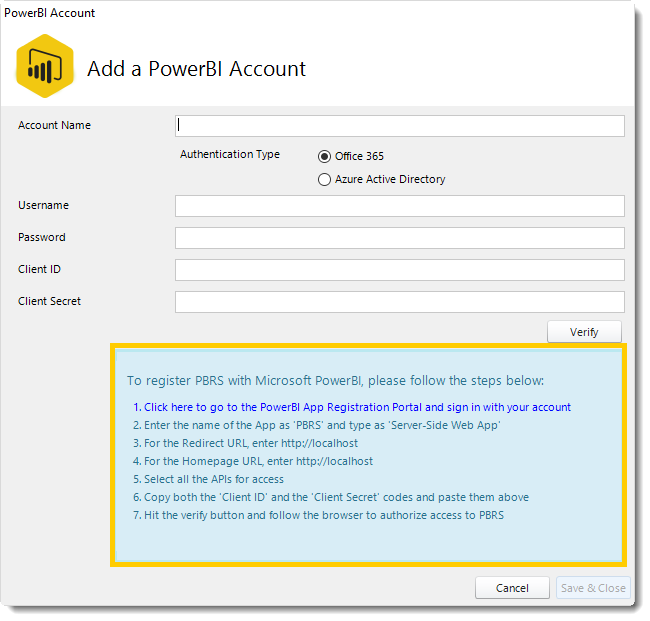Power BI. Adding a Power BI Account in PBRS
