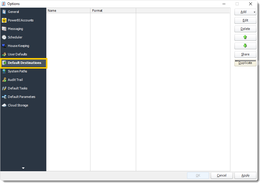 Power BI and SSRS. Default Destination section in Options in PBRS