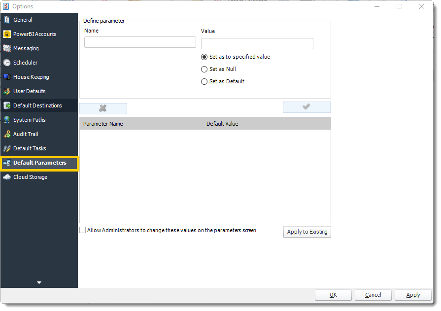 Power BI and SSRS. Default Parameters section in Options in PBRS