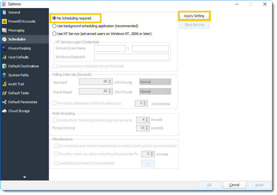 Power BI and SSRS. Scheduler section in Options in PBRS