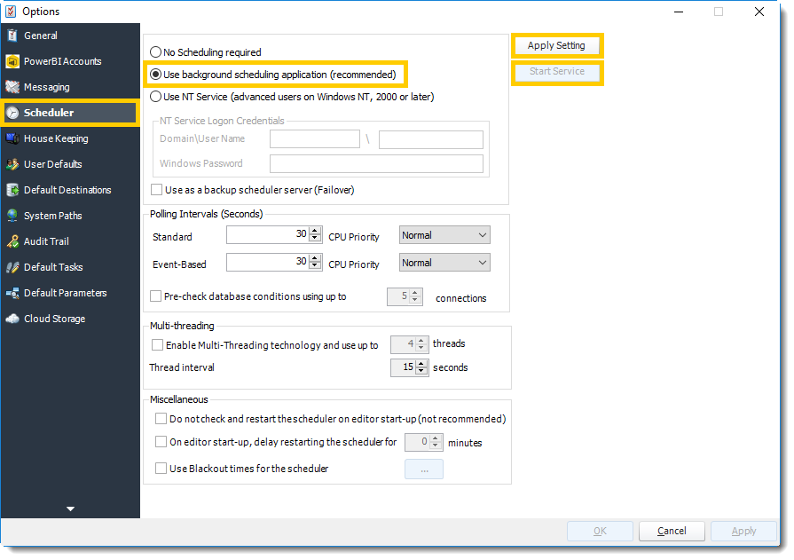 Power BI and SSRS. Scheduler section in Options in PBRS