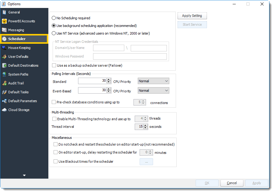 Power BI and SSRS. Scheduler section in Options in PBRS