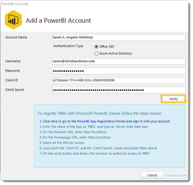 Power BI. Adding a Power BI Account in PBRS
