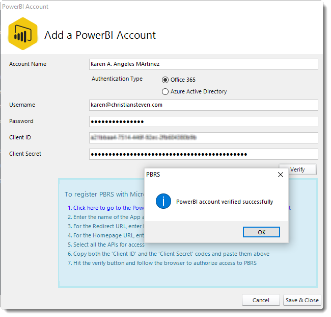 Power BI. Adding a Power BI Account in PBRS