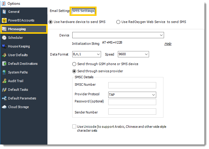 Power BI and SSRS. SMS Settings in Options in PBRS