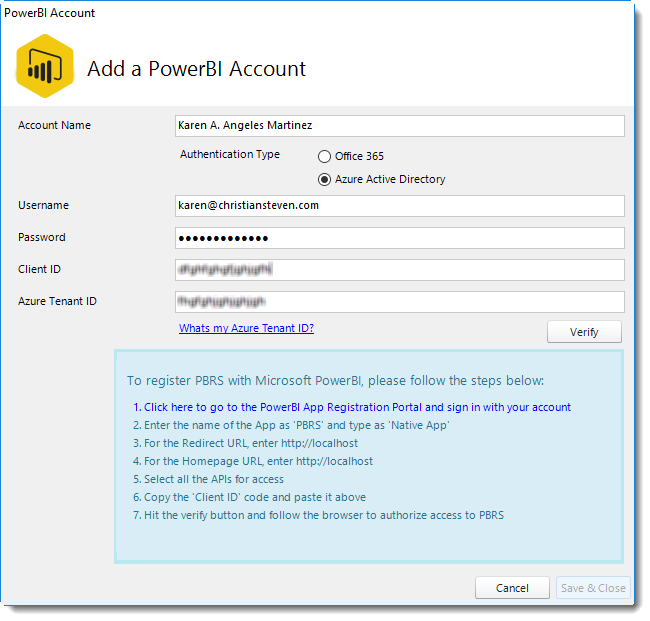 Power BI. Adding a Power BI Account in PBRS