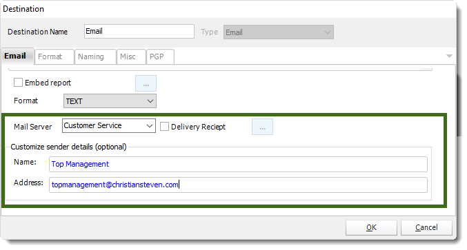 MS Access: Using Mail Server in Email Destination in MARS.