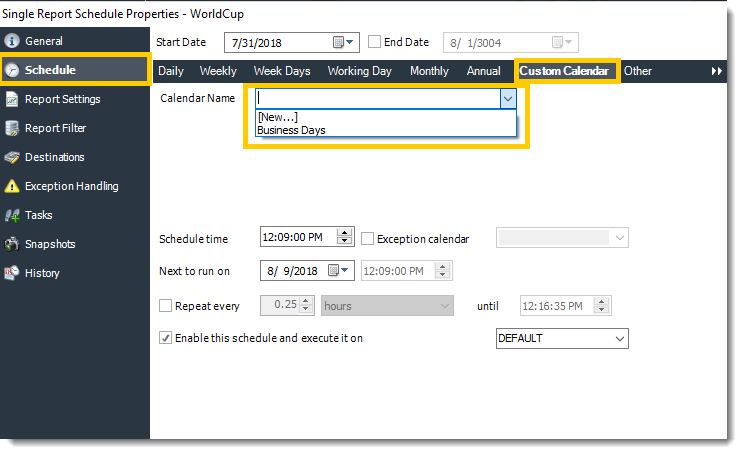 Power BI and SSRS. Custom Calendars section in a Schedule Wizard of a Report in PBRS.